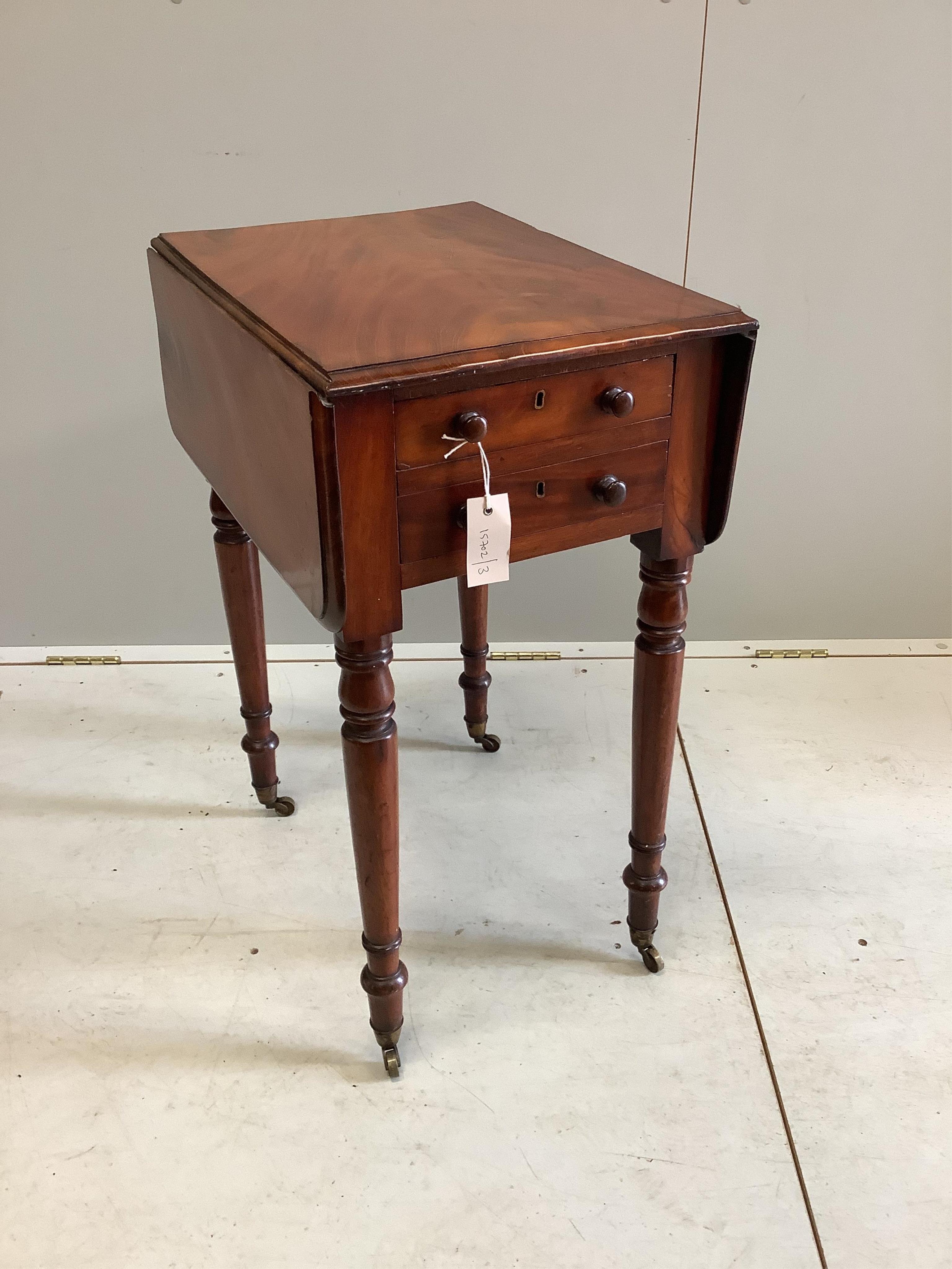 An early Victorian mahogany drop flap work table, width 50cm, depth 36cm, height 70cm. Condition - fair to good